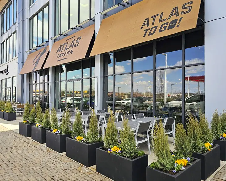 Spring planting in multiple containers across patio space.
