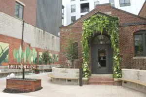 Exterior artificial floral installation in Downtown Columbus.