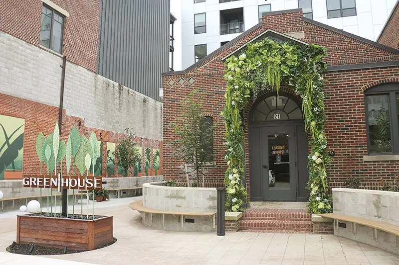 Exterior artificial floral installation in Downtown Columbus.